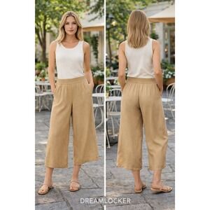 Halston Minimalist Gaucho Palazzo Tan Linen Blend Wide Leg Large Cropped Pants